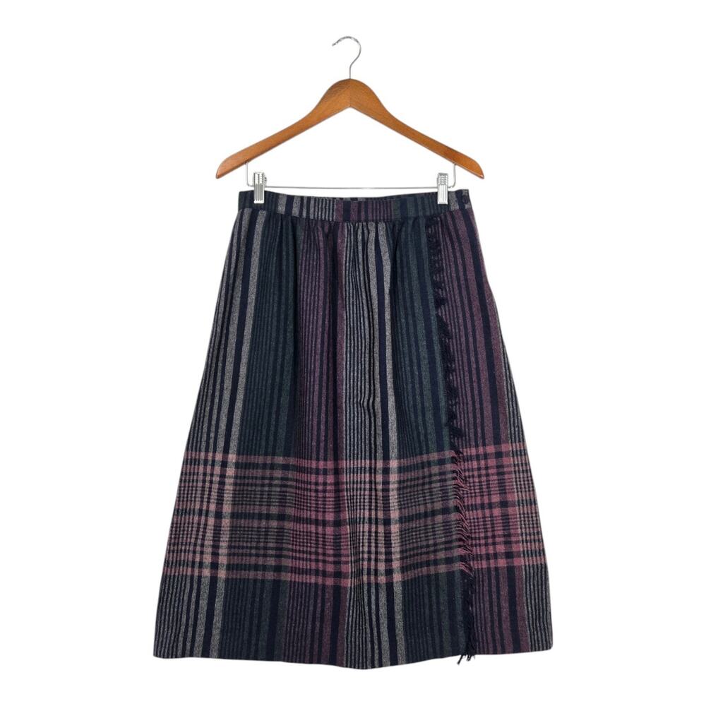 Vintage 80s Tartan Plaid Midi Skirt Poly Wool Blend Fringe Preppy Academia